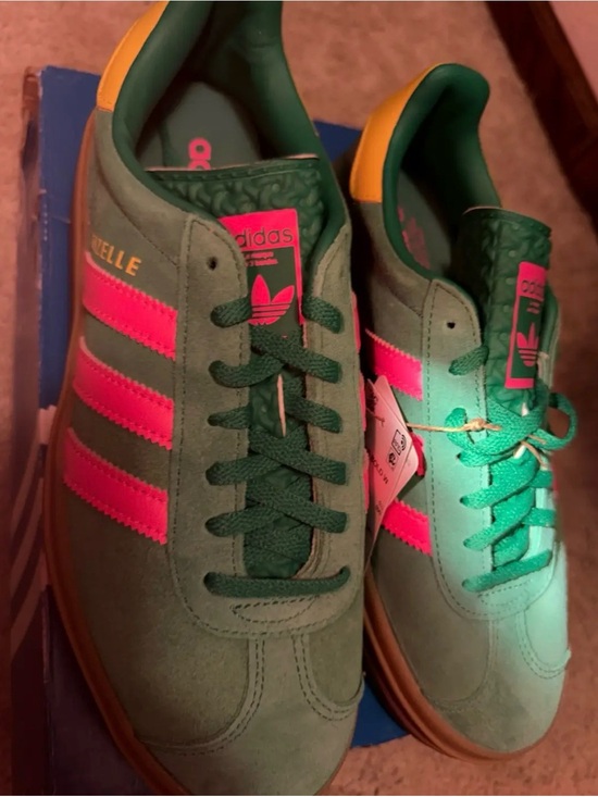 adidas Shoes - adidas Green Suede Sneakers with Pink Stripes and Yellow Heel